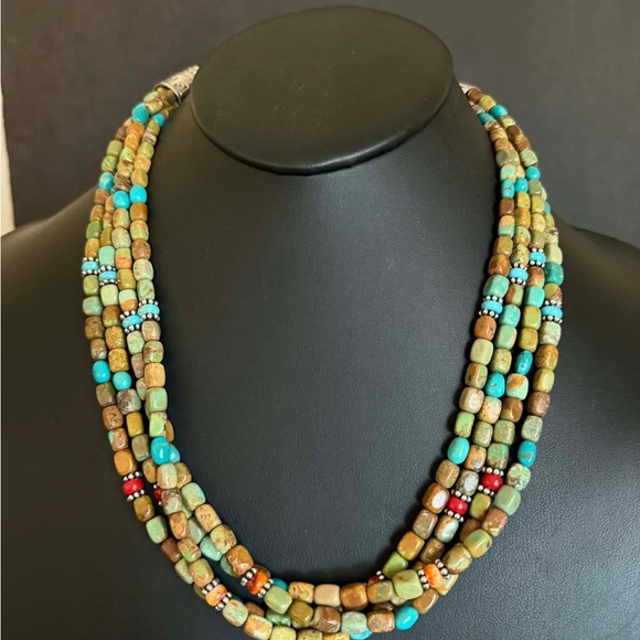 Sterling silver sourhwestern blue green turquoise multistrand necklace 24 inch